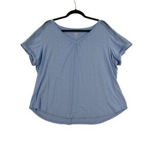 Avenue Womens Light Blue Short Sleeve Lace Detail V-Neck Top Size 18/20